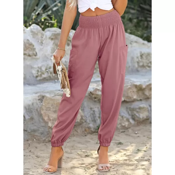 Dokotoo Womens Summer Boho Business Casual Smocked High Waisted Cargo Long Pants with Pockets