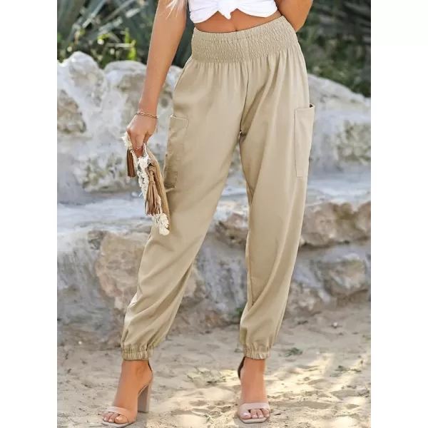 Dokotoo Womens Summer Boho Business Casual Smocked High Waisted Cargo Long Pants with Pockets
