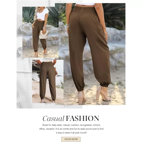 Dokotoo Womens Summer Boho Business Casual Smocked High Waisted Cargo Long Pants with Pockets