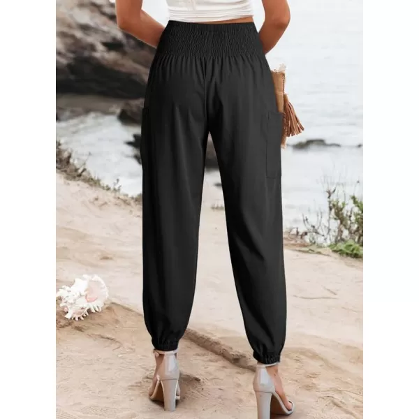 Dokotoo Womens Summer Boho Business Casual Smocked High Waisted Cargo Long Pants with Pockets