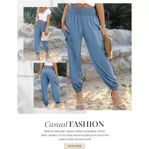 Dokotoo Womens Summer Boho Business Casual Smocked High Waisted Cargo Long Pants with Pockets