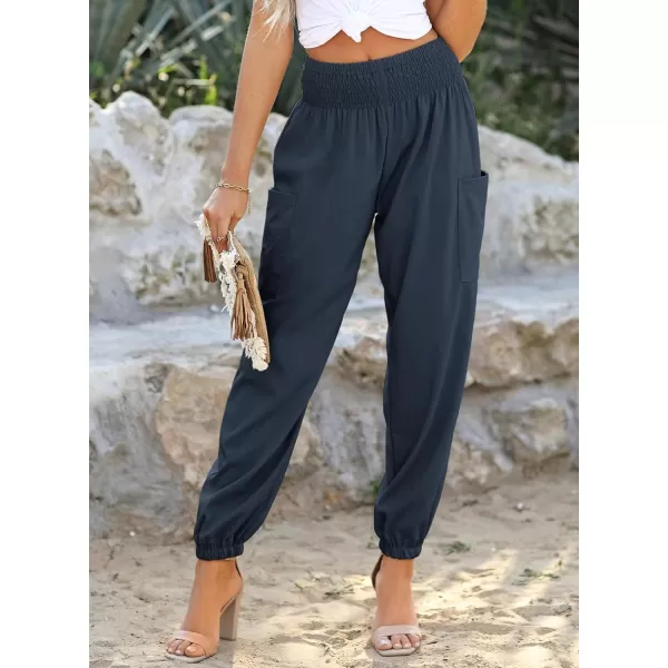 Dokotoo Womens Summer Boho Business Casual Smocked High Waisted Cargo Long Pants with Pockets