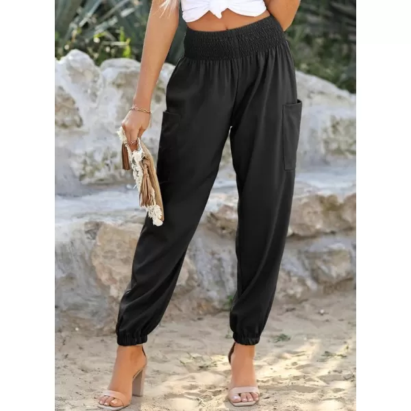 Dokotoo Womens Summer Boho Business Casual Smocked High Waisted Cargo Long Pants with Pockets