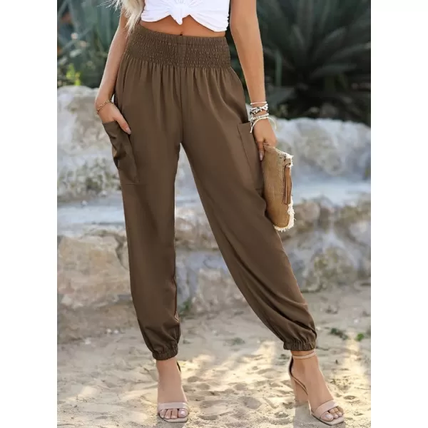 Dokotoo Womens Summer Boho Business Casual Smocked High Waisted Cargo Long Pants with Pockets