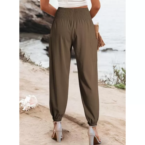 Dokotoo Womens Summer Boho Business Casual Smocked High Waisted Cargo Long Pants with Pockets
