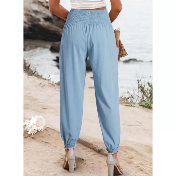 Dokotoo Womens Summer Boho Business Casual Smocked High Waisted Cargo Long Pants with Pockets