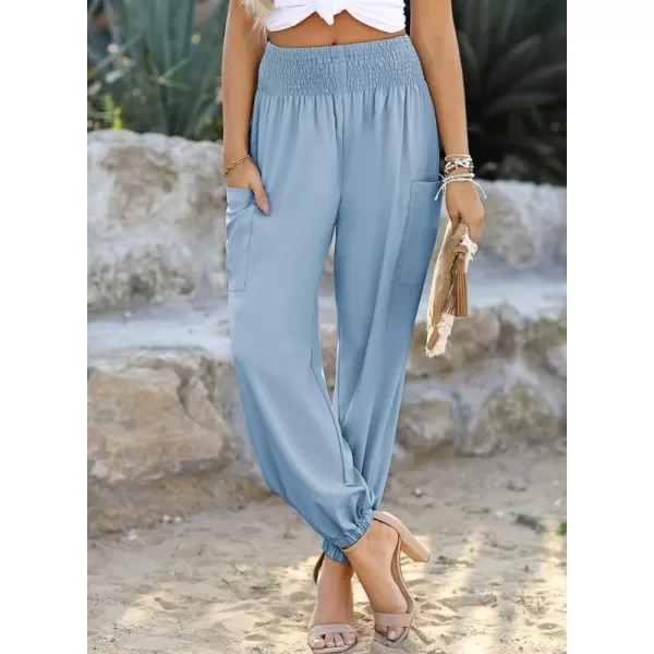 Dokotoo Womens Summer Boho Business Casual Smocked High Waisted Cargo Long Pants with Pockets