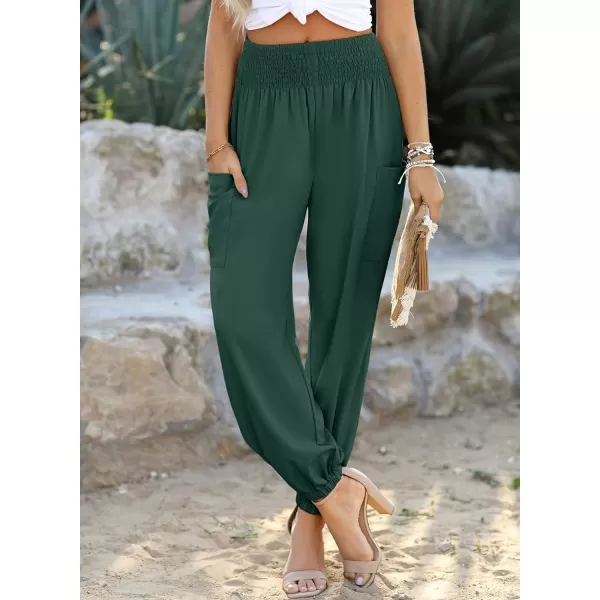Dokotoo Womens Summer Boho Business Casual Smocked High Waisted Cargo Long Pants with Pockets