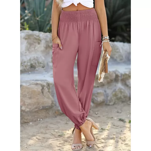 Dokotoo Womens Summer Boho Business Casual Smocked High Waisted Cargo Long Pants with Pockets