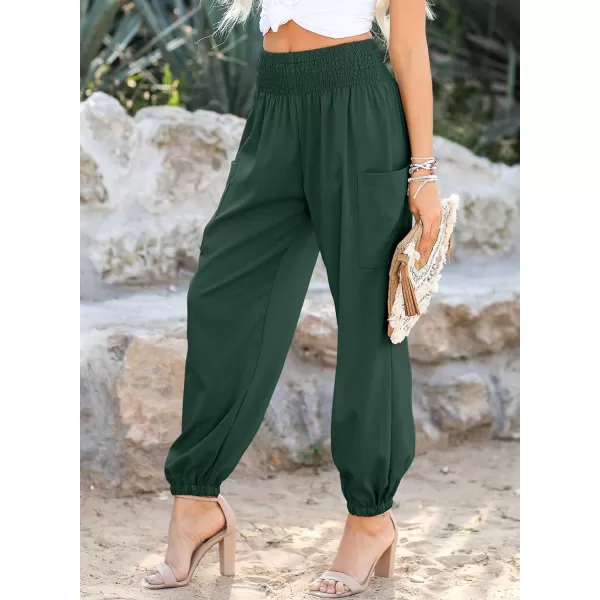Dokotoo Womens Summer Boho Business Casual Smocked High Waisted Cargo Long Pants with Pockets