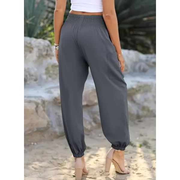 Dokotoo Womens Summer Boho Business Casual Smocked High Waisted Cargo Long Pants with Pockets
