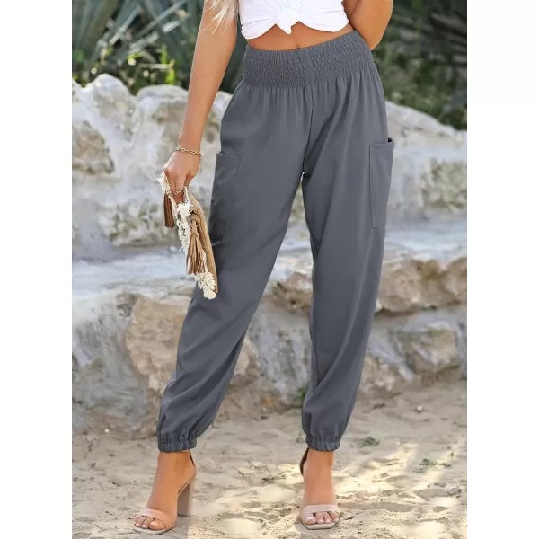 Dokotoo Womens Summer Boho Business Casual Smocked High Waisted Cargo Long Pants with Pockets