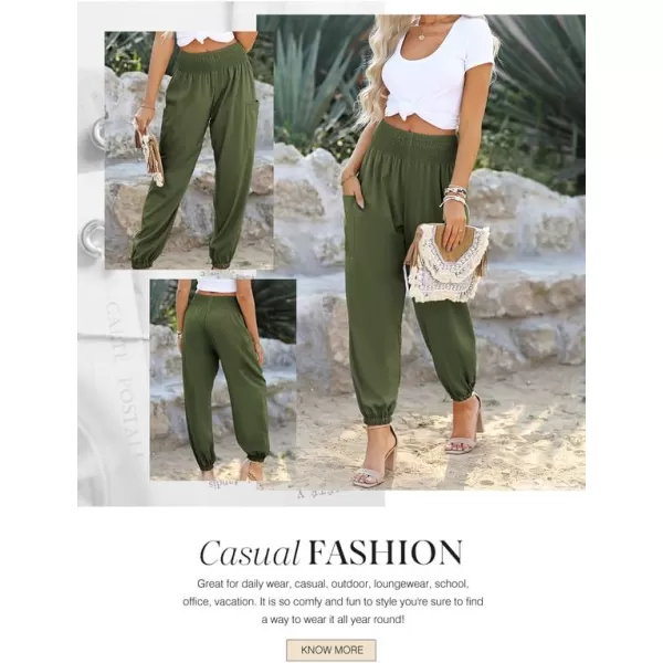 Dokotoo Womens Summer Boho Business Casual Smocked High Waisted Cargo Long Pants with Pockets
