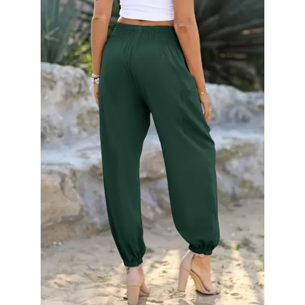 Dokotoo Womens Summer Boho Business Casual Smocked High Waisted Cargo Long Pants with Pockets
