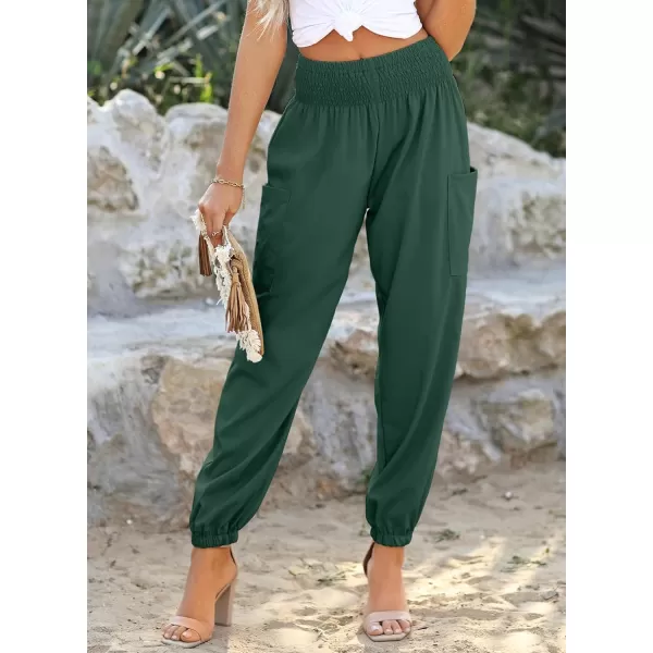 Dokotoo Womens Summer Boho Business Casual Smocked High Waisted Cargo Long Pants with Pockets