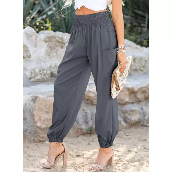 Dokotoo Womens Summer Boho Business Casual Smocked High Waisted Cargo Long Pants with Pockets