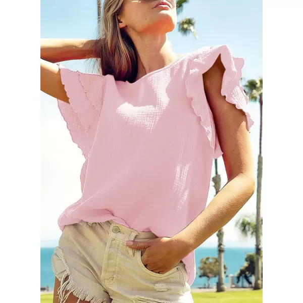 Dokotoo Womens Tops Ruffle Short Sleeve Crewneck Shirts Solid Casual Loose Babydoll Blouses