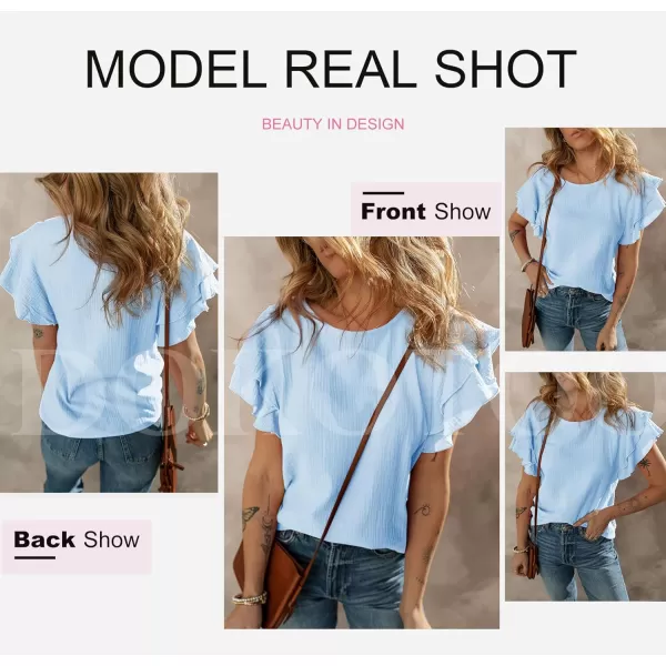 Dokotoo Womens Tops Ruffle Short Sleeve Crewneck Shirts Solid Casual Loose Babydoll Blouses