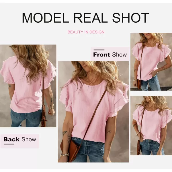 Dokotoo Womens Tops Ruffle Short Sleeve Crewneck Shirts Solid Casual Loose Babydoll Blouses