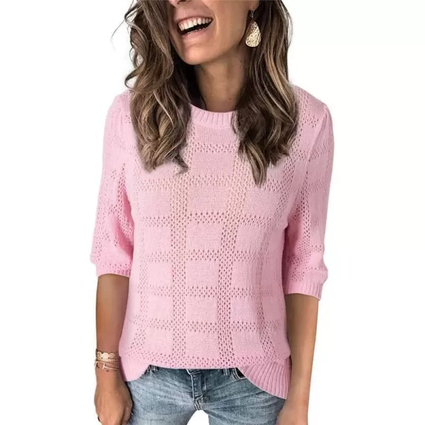 Dokotoo Women's Casual 3/4 Sleeve Loose Tunic Tops Lightweight Crochet Knit Summer Sweaters Blouses
