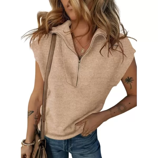 Dokotoo Women's Casual Sleeveless Half Zip Pullover Sweaters Solid V Neck Collar Ribbed Knitted Loose Sweaters