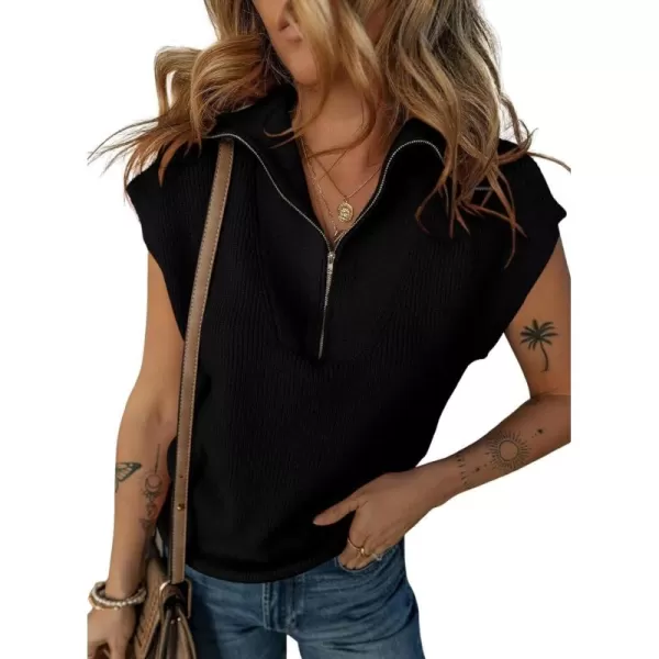 Dokotoo Women's Casual Sleeveless Half Zip Pullover Sweaters Solid V Neck Collar Ribbed Knitted Loose Sweaters