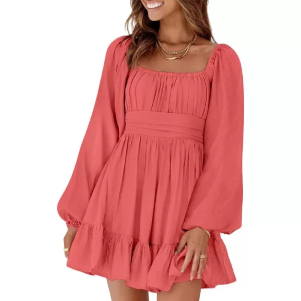 Dokotoo Womens Dress Long Lantern Sleeve Square Neck Tie Backless Sexy Dress Ruffle Elastic Waist A-Line Mini Dress