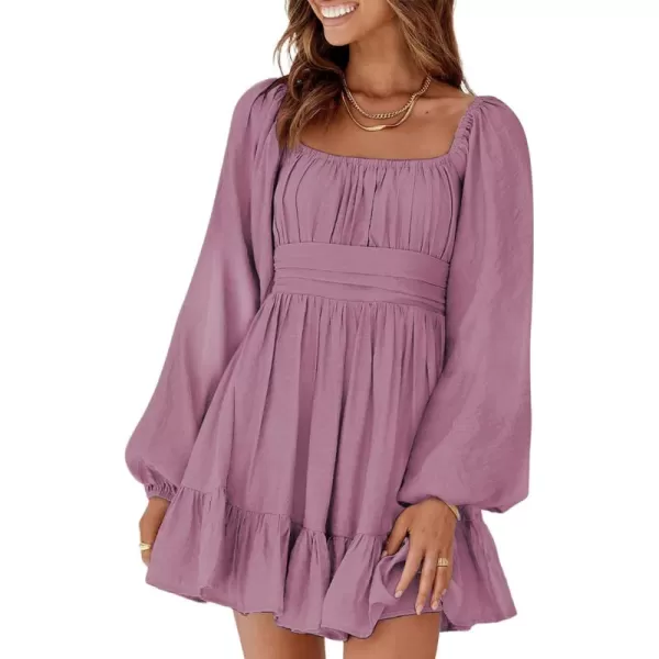 Dokotoo Womens Dress Long Lantern Sleeve Square Neck Tie Backless Sexy Dress Ruffle Elastic Waist A-Line Mini Dress