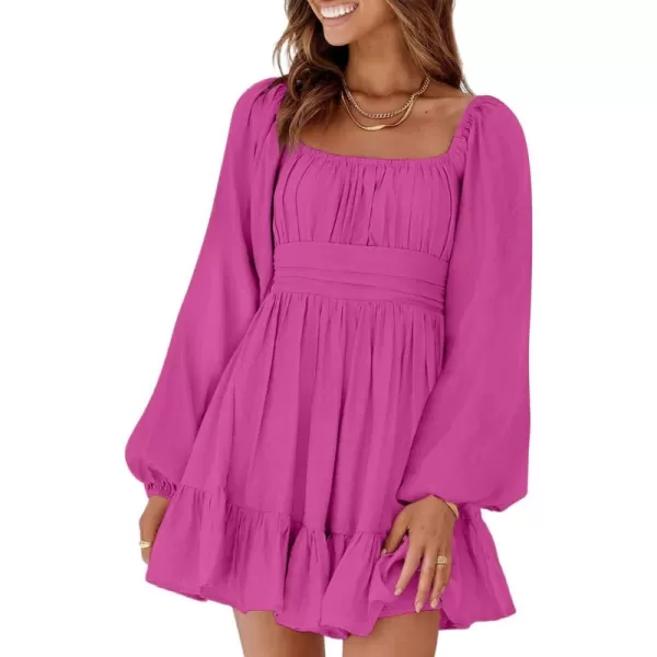 Dokotoo Womens Dress Long Lantern Sleeve Square Neck Tie Backless Sexy Dress Ruffle Elastic Waist A-Line Mini Dress