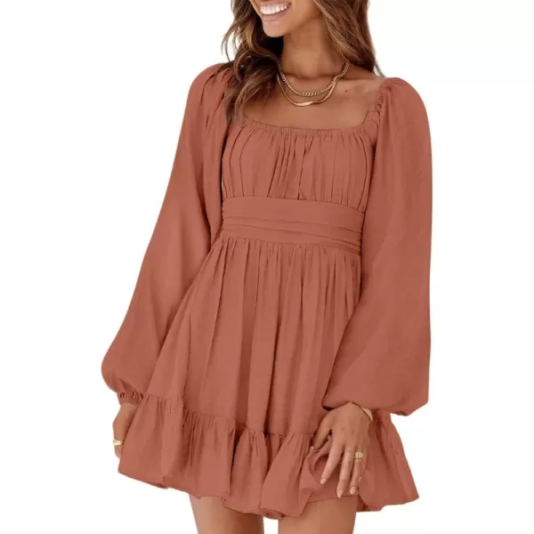 Dokotoo Womens Dress Long Lantern Sleeve Square Neck Tie Backless Sexy Dress Ruffle Elastic Waist A-Line Mini Dress