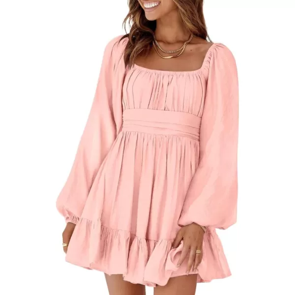 Dokotoo Womens Dress Long Lantern Sleeve Square Neck Tie Backless Sexy Dress Ruffle Elastic Waist A-Line Mini Dress
