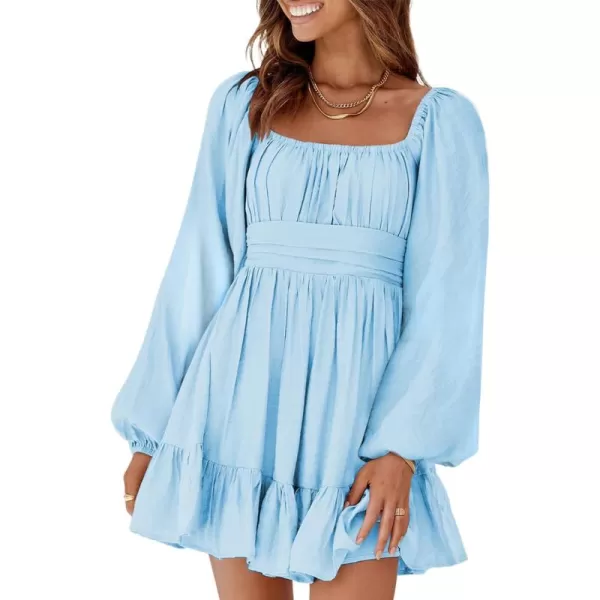 Dokotoo Womens Dress Long Lantern Sleeve Square Neck Tie Backless Sexy Dress Ruffle Elastic Waist A-Line Mini Dress