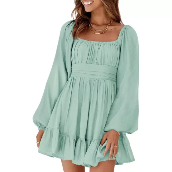 Dokotoo Womens Dress Long Lantern Sleeve Square Neck Tie Backless Sexy Dress Ruffle Elastic Waist A-Line Mini Dress