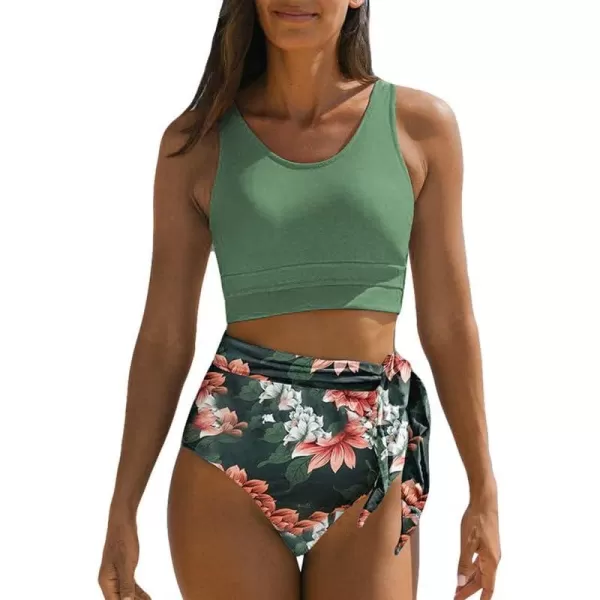 Dokotoo Womens Scoop Neck Racerback High Waisted Bikini Sets Two Piece Swimsuit Floral Print Tummy Control Bathing Suit