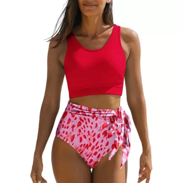 Dokotoo Womens Scoop Neck Racerback High Waisted Bikini Sets Two Piece Swimsuit Floral Print Tummy Control Bathing Suit