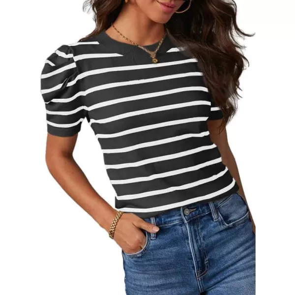 Dokotoo Women's Short Puff Sleeve Knit Tops 2024 Trendy Crewneck Striped T Shirts Casual Summer Blouses