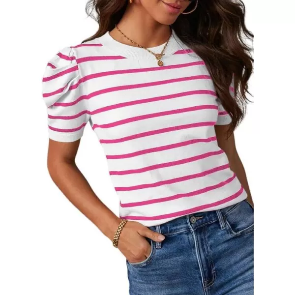 Dokotoo Women's Short Puff Sleeve Knit Tops 2024 Trendy Crewneck Striped T Shirts Casual Summer Blouses