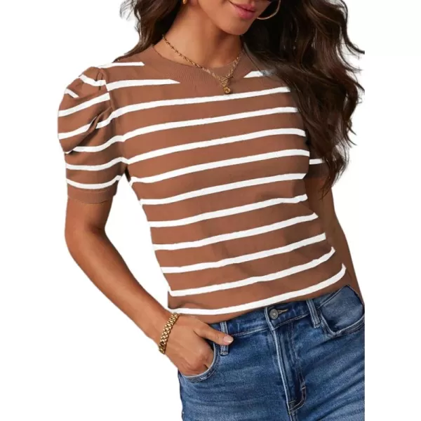 Dokotoo Women's Short Puff Sleeve Knit Tops 2024 Trendy Crewneck Striped T Shirts Casual Summer Blouses