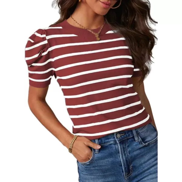 Dokotoo Women's Short Puff Sleeve Knit Tops 2024 Trendy Crewneck Striped T Shirts Casual Summer Blouses