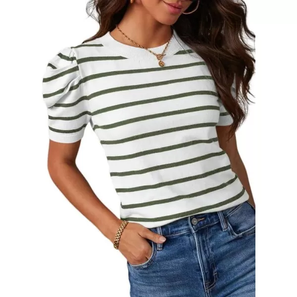 Dokotoo Women's Short Puff Sleeve Knit Tops 2024 Trendy Crewneck Striped T Shirts Casual Summer Blouses