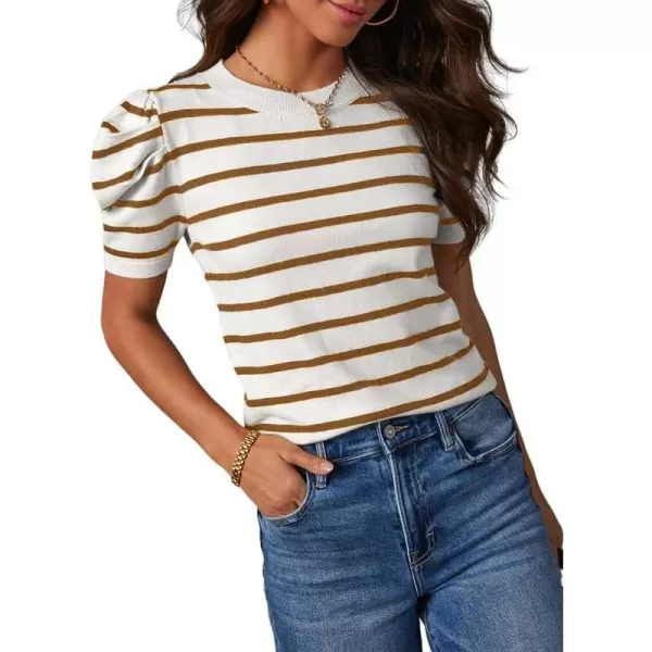 Dokotoo Women's Short Puff Sleeve Knit Tops 2024 Trendy Crewneck Striped T Shirts Casual Summer Blouses