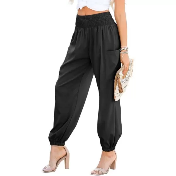 Dokotoo Womens Summer Boho Business Casual Smocked High Waisted Cargo Long Pants with Pockets