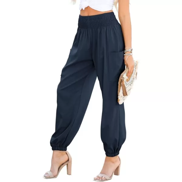 Dokotoo Womens Summer Boho Business Casual Smocked High Waisted Cargo Long Pants with Pockets
