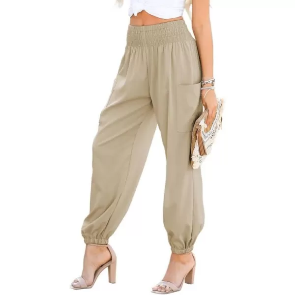 Dokotoo Womens Summer Boho Business Casual Smocked High Waisted Cargo Long Pants with Pockets