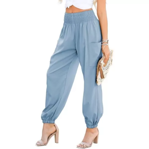 Dokotoo Womens Summer Boho Business Casual Smocked High Waisted Cargo Long Pants with Pockets