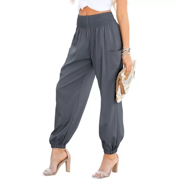 Dokotoo Womens Summer Boho Business Casual Smocked High Waisted Cargo Long Pants with Pockets