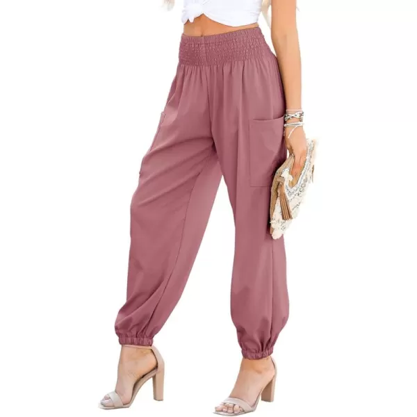 Dokotoo Womens Summer Boho Business Casual Smocked High Waisted Cargo Long Pants with Pockets