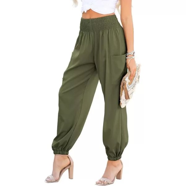 Dokotoo Womens Summer Boho Business Casual Smocked High Waisted Cargo Long Pants with Pockets