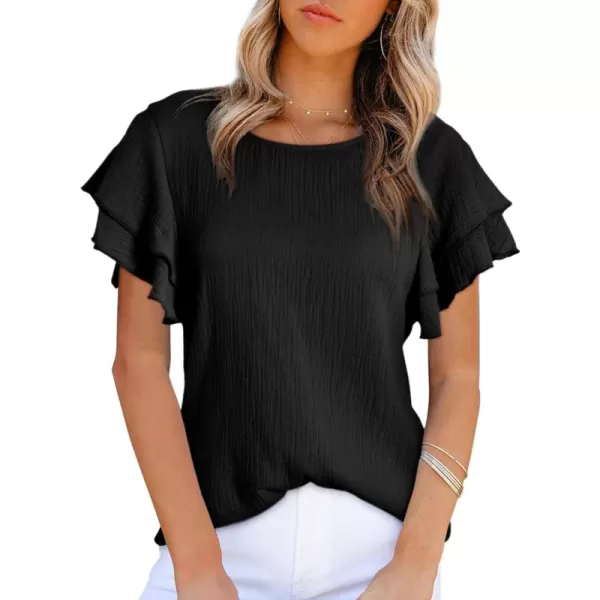 Dokotoo Womens Tops Ruffle Short Sleeve Crewneck Shirts Solid Casual Loose Babydoll Blouses