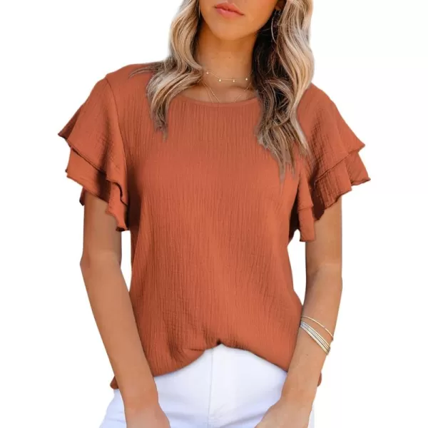 Dokotoo Womens Tops Ruffle Short Sleeve Crewneck Shirts Solid Casual Loose Babydoll Blouses